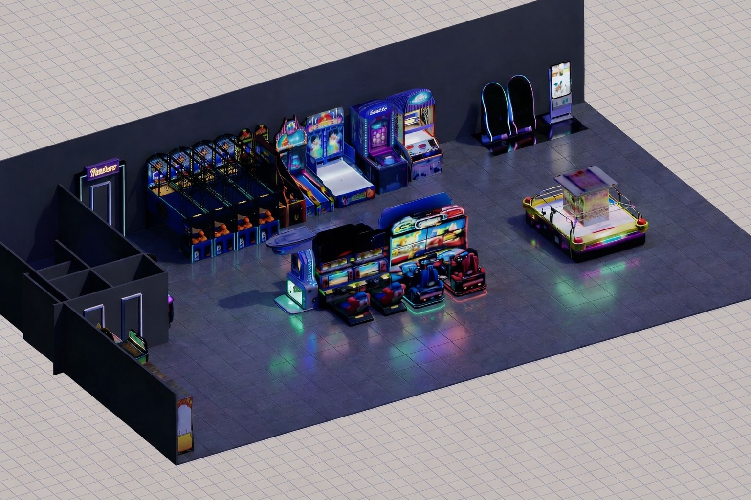 3D render of a full arcade installation design